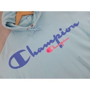 Champion Reverse Weave Hoodie Mens 2XL Blue Pink Spell‎ Out Sweatshirt